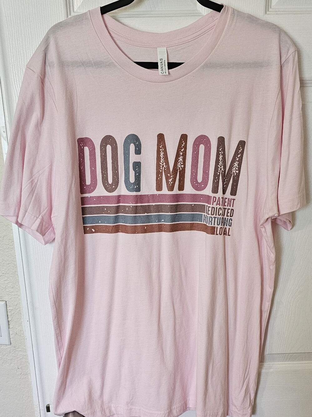 Bella Canvas Light Pink 'Dog Mom' Graphic Tee with Retro Stripes